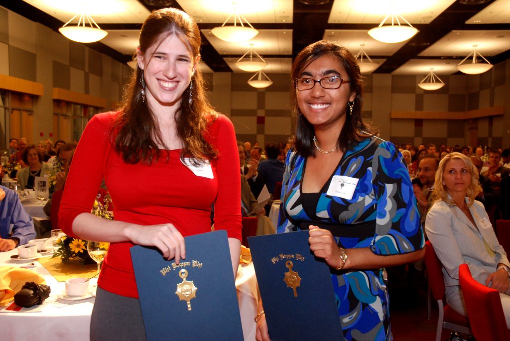 Award winners - Diane Samuelson (left), winner of PKP's National Award of Excellence and Robert C. Maxson PKP Graduate Fellowships and Shipra De, the 2008 Chapter 100 junior initiate with the highest GPA and President Award winner.